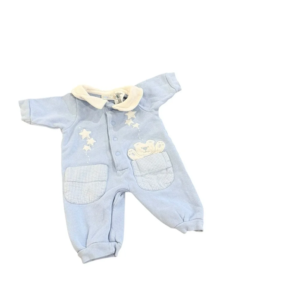 Vtg Mcbaby Infant Boy 0-3m‎ Blue Romper Stars & Teddies Gingham Pockets Preowned